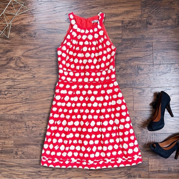 Eliza J • Belted A-Line Dress halter polka dot red orange white mini sleeveless - Picture 1 of 13